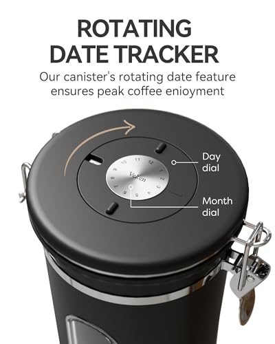 Image of Veken Large Coffee Canister with Window, Rice Kitchen Food Storage Airtight Stainless Steel Container with Lids, Date Tracker and Scoop, Grounds, Beans, Tea, Flour, Cereal, Sugar Jars, 38oz, Black
