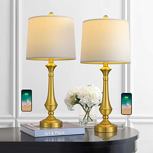 BOBOMOMO USB Table Lamp Set of 2 with Charging Port,Minimalist Modern Eye-Caring Bedside Metal Nightstand Lamp with White Fabric Shade 24.75'' for Bedroom,Living Room,Gold