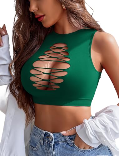Avidlove Womens Fishnet Top Sexy Cut Out Crop Short Hollow Out Cropped Tank Top(S M L) Dark Green