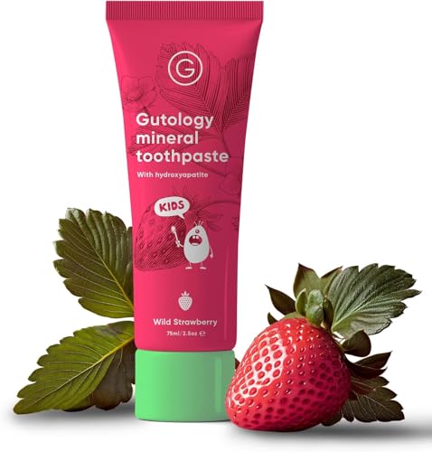 Gutology Kids Natural Probiotic Hydroxyapatite Toothpaste Fluoride Free Toothpaste Remineralising Enamel Repair Suitable for Children 2+ Helps Sensitive Teeth - Wild Strawberry Flavour 3oz