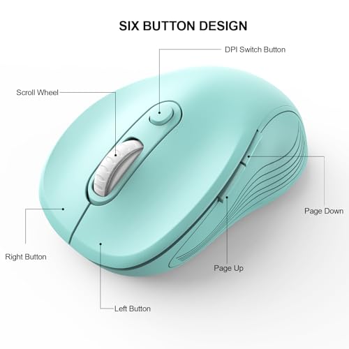 Image of WisFox 2.4G Wireless Mouse for Laptop, Ergonomic Computer Mouse with USB Receiver and Type-C Adapter, 3 Adjustable Levels DPI, 6 Button Cordless Wireless Mice (Mint Green, 1 Pack)