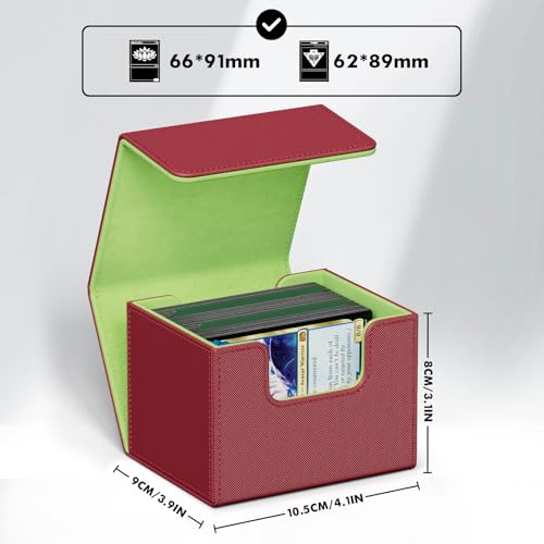 Image of ZLCA Card Deck Box for Trading Cards, MTG Commander Deck Box Holds 120+ Single Sleeved Cards, Leather Magnetic Card Storage Box Fits for TCG CCG Magic Cards (Red&Green)