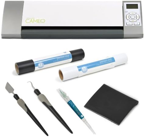 Silhouette Cameo Electronic Cutting Tool with Silhouette Spatula, Hook, Pick-me-up Tool, Scraper, Premium Adhesive Vinyl, black, 12"" x 6' and Premium Adhesive Vinyl, white, 12"" x 6'