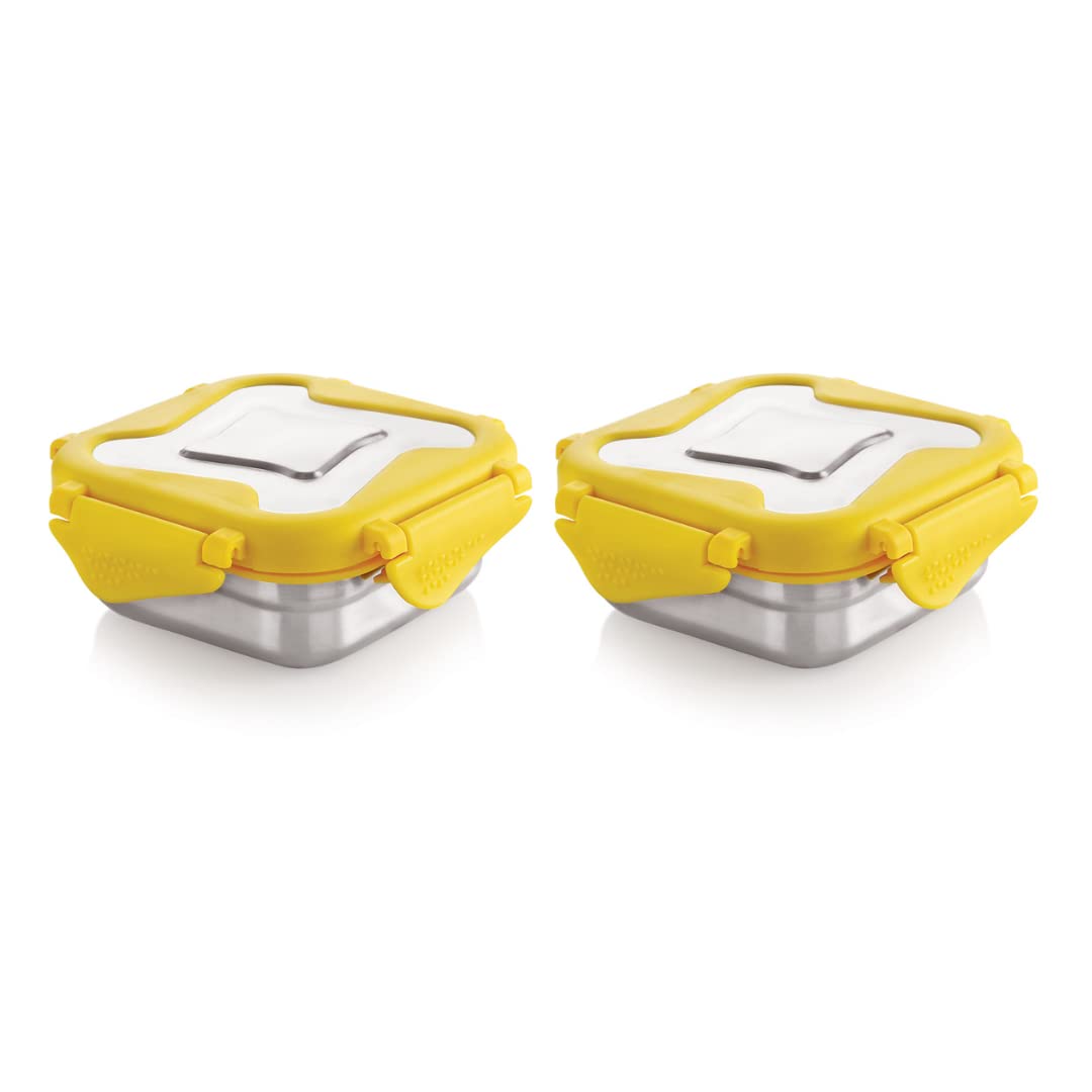 STEELLOCK Smart Stainless Steel Tiffin Lunch Box for Kids and Adults | Airtight & Leakproof | Square Tiffin Box for School & Office with Steel Lid | Yellow 250 ml 2 pc