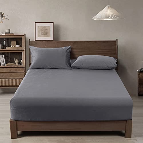 PHF Truly Velvet Fitted Sheet Queen Size, 1 Pack Luxury Super Soft Cozy Comfy Bed Sheets with 15'' Deep Pocket,Suitable for Fall Winter and Spring, No Pillowcases, Grey
