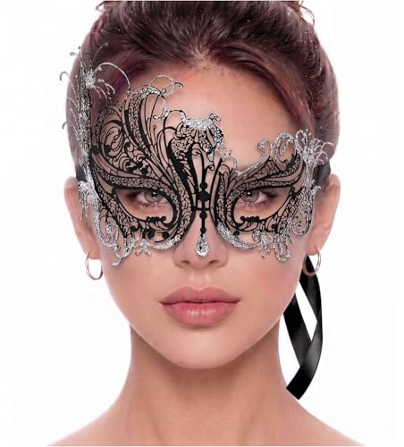 Image of Metal Filigree Masquerade Mask for Women - Swan Style Mask with Rhinestones for Mardi Gras, Prom, Halloween & Venetian Party