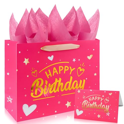 Yixiang Birthday Gift Bag 13 Pink Happy Birthday Gift Bag Set with Tissue Paper & Greeting Card Ideal for Women Girls