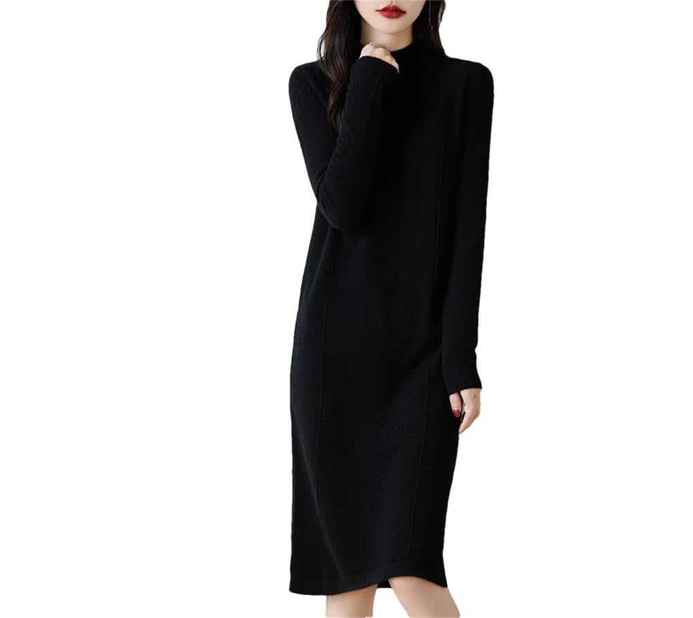 Vestido de lana para mujer, sin botones, básico, de manga larga, cuello alto, de punto, formal, para el trabajo, vestido midi