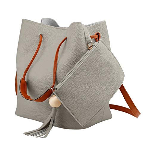 GREFER 2PC Bucket Bag Wallets Sets for Women, Womens Trendy Tassel Shoulder Bags Top-Handle Bags Totes Large Messenger Bag Gray