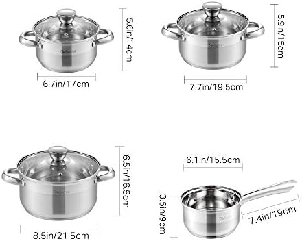Velaze Pots and Pans Stainless Steel 7 Piece Saucepan Set with Strainer Lids Cookware Sets