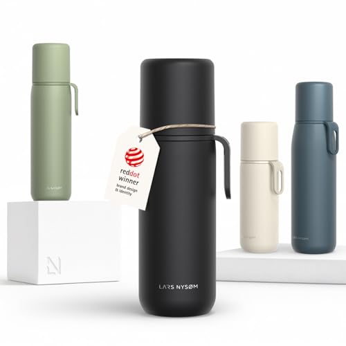 Image of LARS NYSOM Stainless Steel Thermo Water Bottle - Double Wall Insulated Water Bottle with Cup & Carry Strap, Leakproof Metal Bottle for Travel, Office & Outdoor (Carbon Black, 17oz)
