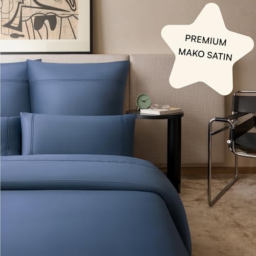 Amqua Ropa de cama de satén Mako, 135 x 200 cm, bordado azul, ropa de cama de hotel 40 x 80 cm, color liso