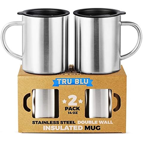 Stainless Steel Coffee Mug with Lid, Set of 2 - 14 oz Premium Double Wall Insulated Travel Cup, Metal Mug with Handle - Shatterproof, BPA Free, Dishwasher Safe Cover