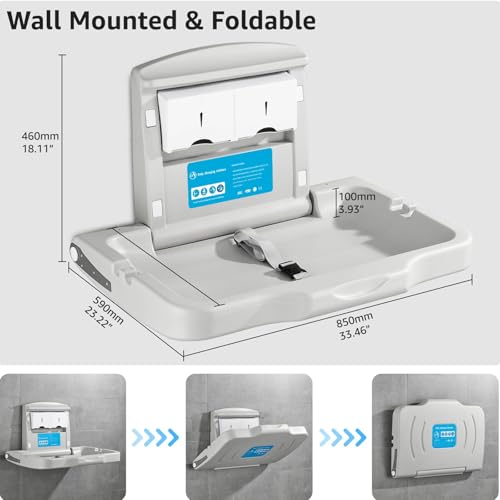 Image of Commercial Baby Changing Station Wall-Mount: Modunful Foldable Diaper Changing Table with Safety Straps for Home /Restaurants /Hotels /Schools /Airports