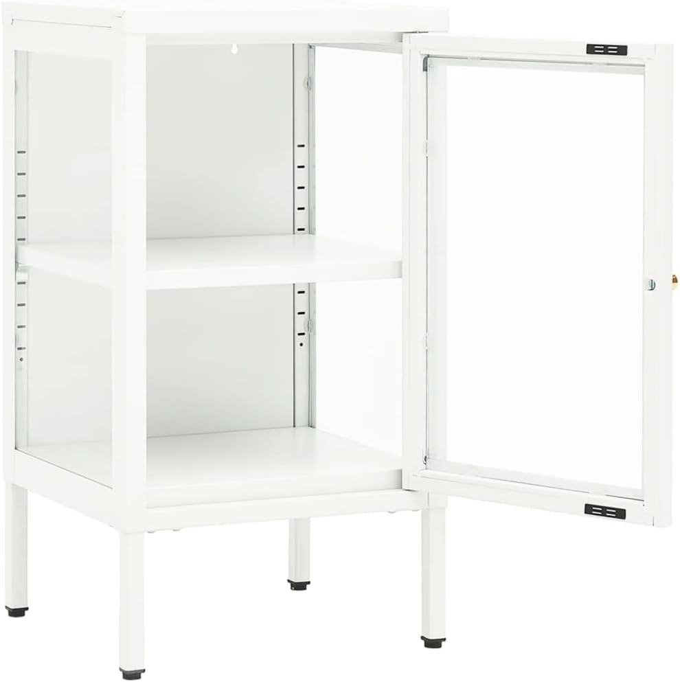 Minimalist Sideboard with Adjustable Shelves, White Powder-Coated Steel and Tempered Glass for Modern Living Room Office Storage