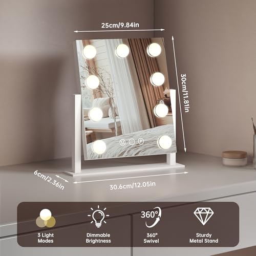 PUKANIUM Vanity Mirror with Lights, Hollywood Mirror with 9 Dimmable Led Bulbs and 3 Color Light, 360 Rotation with 10x Magnifying Mirror, Touchscreen Control, Tabletop Light Up Mirrors For Bedroom - Image 6
