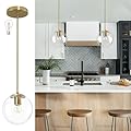 Bagood 8" Globe Pendant Light Gold Mid Century Modern Light Fixture Clear Glass Pendant Lights Kitchen Island Modern Pendant Lights Brushed Brass Finished with Clear Glass Lampshade for Bedroom
