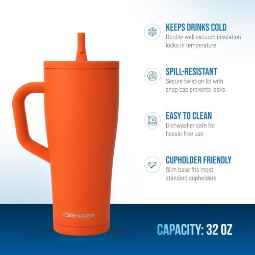 Image of Ice Shaker 32 oz Tumbler with Handle and Straw | 32oz Orange | Cold for 30+ Hours | 2-in-1 Tumbler Shaker Bottle | Odor-Free 32 ounce Bottle for Water, Protein Shakes, Smoothies, Cocktails