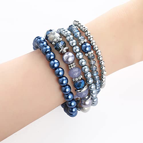 Noessla Beaded Pearl Stretch Bracelet Silver Stackable Crystal Beads Bracelets Trendy Costume Jewelry Mothers Day Gifts For Women(Blue) #TOP2