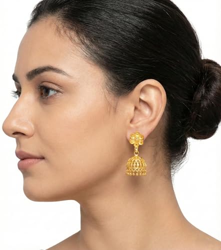 Image of DEW MAT Traditional Gold Plated Jhumka & Floral Dangler Earrings for Women & Girls | Lightweight Ethnic Temple Style Indian Drop Earrings | Festive & Wedding Fashion Jewellery | Gold Tone