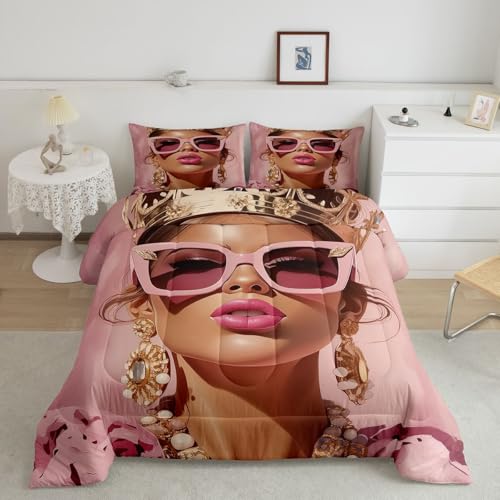 Image of Erosebridal Pink Black Girls King Comforter Set Luxury African American Bedding Set for Girls Women Modern Fashion Woman Room Decor Afro Black Woman Duvet Insert (1 Comforter, 2 Pillowcases)