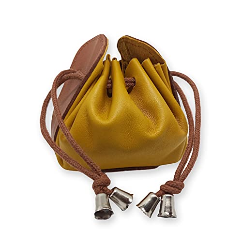 Monedero Mujer Piel Auténtica Tipo Saco con Cordón - Portamonedas de Señora (Amarillo)