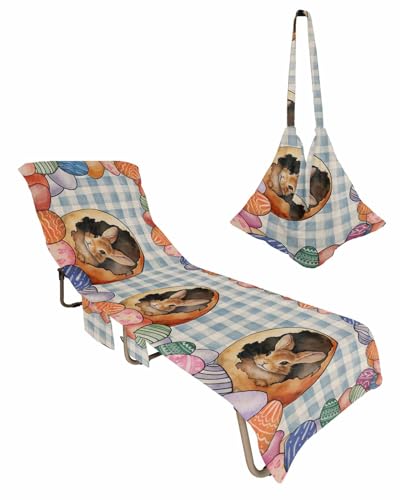 Colorful Eggs Bunny Easter Beach Lounge Chair Towel Cover, Soft Chaise Lounge Towel with Side Pockets Patio Pool Chairs Cover for Beach/Pool Sunbathing 29x85 Watercolor Blue Plaid