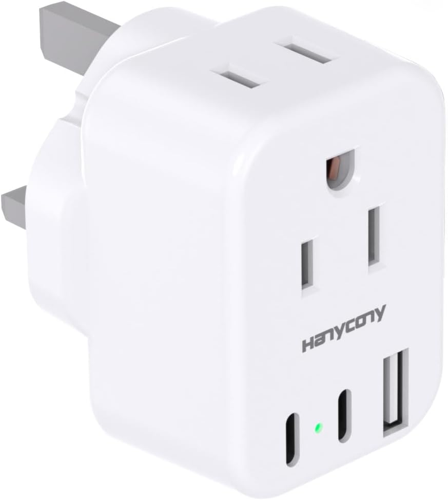 HANYCONY US to UK Ireland Travel Plug Adapter, Type G Travel Adapter 2 Outlets 3 USB Ports(2USB C), UK Power Adapter Converter for USA to Dubai England London Scotland British Kenya Irish Hongkong