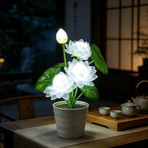 Image of Artificial White Lotus Flower Lamp Flower Night Light for Home Yoga Studio Meditation Decor, Gifts for Women Mom Grandma Girlfriend on Birthday Christmas Valentines Mothers Day