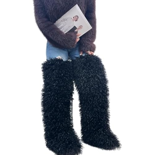 SWEETHEART BEAUTY Thigh High Shagy Teddy Fur Boots, 29 Inch Over the Knee Length Fluffy High Boots, Tall Furry Shoes For Women