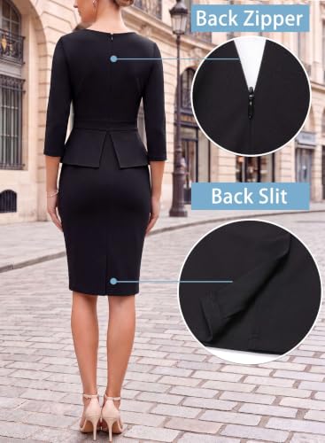 Image of VFSHOW Womens Pleated Crew Neck Peplum Slim Work Business Bodycon Dress | 3 /4 Sleeves, Professional Elegant Church, Funeral, Spring Fall, Fitted Office Pencil Sheath Dress