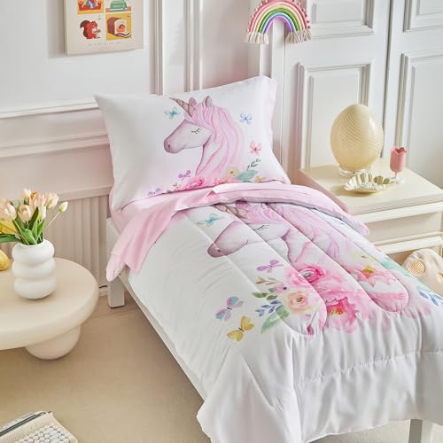 Image of Unicorn Toddler Bedding Set for Girls Light Pink Unicorn Flowers 4PC Toddler Bed Set - Soft Blue Yellow Butterfly Cute Princess Toddler Bed in a Bag with Pink Sheet Set and Pillow Shams