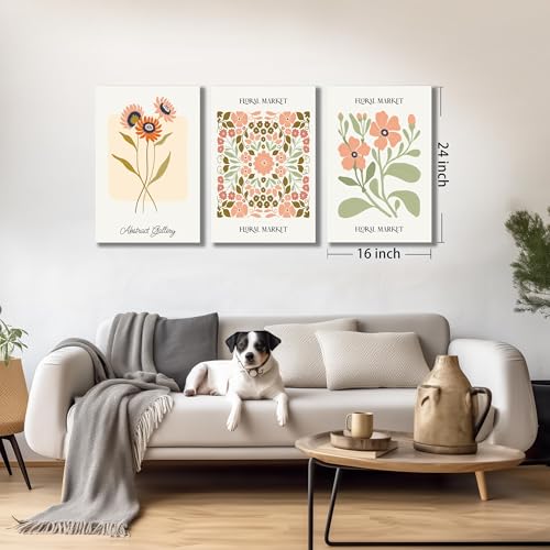Image of SKYRISE 3 PCS Boho Floral Canvas Wall Art, Rustic Botanical Canvas Paintings Prints ArtWork for Living Room, Vintage Flower Pictures for Farmhouse Dining Room Hallway Bedroom Wall Decor 16 inchx24 inch