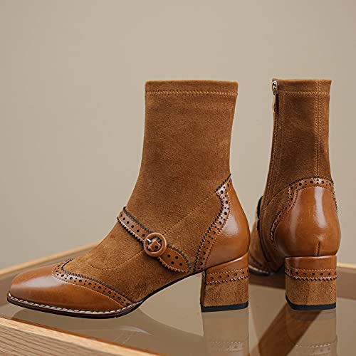 U-lite Women's Elastic Suede Fall Winter Square Toe Shoes, Leather Mid Heel Ankle Boots, Buckle Strap Embellishment Booties3