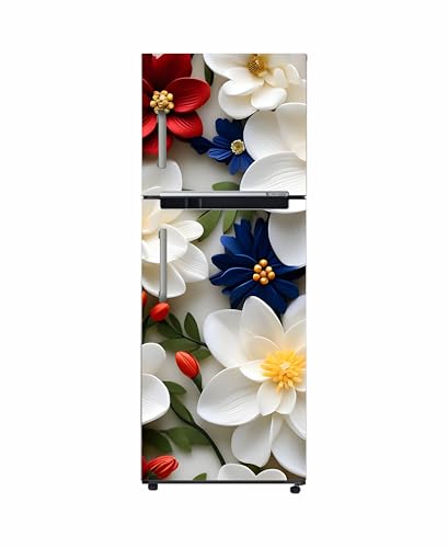 Image of DesignDecor Vinyl 3D Flower Fridge Sticker, 24x60 cm, Marble Texture, Double Door Refrigerator (White)