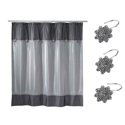 Avanti Linens- Shower Set, Fabric Shower Curtain & 12pc Curtain Hooks, Durable Bathroom Essentials (Braided Medallion Collection, Granite)