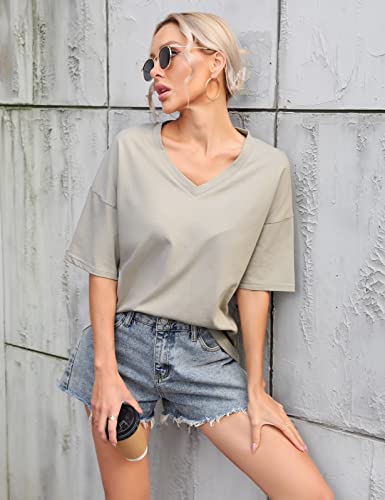 TOMEEK Camiseta Manga Corta Mujer Cuello en V Talla Grande T-Shirt Oversize Mujer Camiseta de Verano Algodón Básicas Essentials Camiseta(Caqui,M)