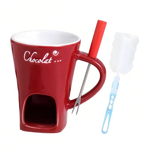 Chocolate Fondue Mug Set with Fork & Cleaning Brush - Ceramic Chocolate Melting Cup for Cheese Butter Tea Safe for Desk Office Home Use - Valentines Day Gifts for Him Her Date Night Birthday Gifts