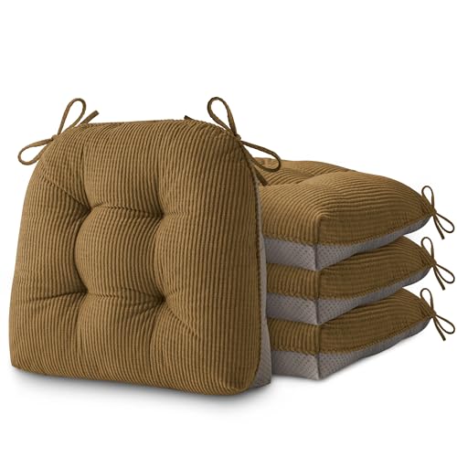 Image of AddGrace Dining Chair Cushions Set of 4 Non-Slip 18 inchx16 inchx3 inch Khaki | with Ties, Textured Fabric, for Kithchen, Dining Room, Restaurant, Indoor Furniture, Wood Chairs, Long Meals, Soft, Comfy