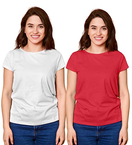 Hangout Hub HH95 Women's Round Neck T-Shirt Women Plain Tshirt (Red White;Women XL(40) ;) Pack of 2 T-Shirts