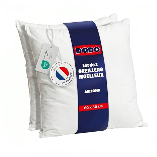 DODO - Lot de 2 Oreillers Ultra Doux 60x60 cm - Confort Moelleux - Enveloppe 100% Polyester Toucher Peau de Pêche - Garnissage 100% Polyester Volupt'Air -...