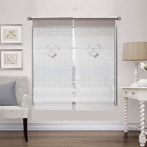 Pair of Window Curtains Shabby Chic Heart Embroidered Fabric Sweet Home, 60 x 150 cm 3D Bow Beige White Cover