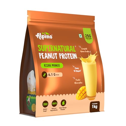 Image of Alpino Supernatural Peanut Protein Powder Kesar Mango 1kg - 25g Plant Based Protein, 6.1g BCAAs, No Added Sugar, Vegan
