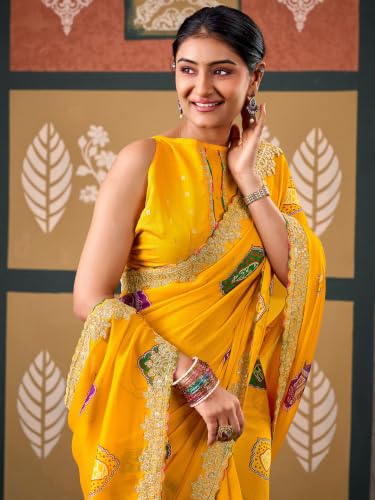 Image of SIRIL Women's Chiffon Bandhani Printed Saree, Sequence Embroidery Border