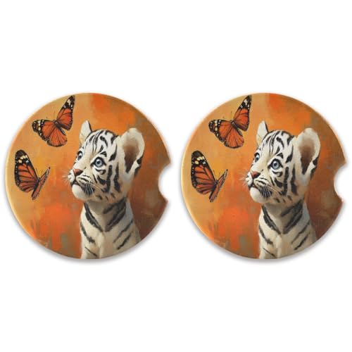 SKYSHU Baby Tiger - Juego de 2 posavasos redondos para automóvil, para bebidas, de piedra de cerámica absorbente con base de corcho y agarre para la punta de los dedos para una fácil limpieza en