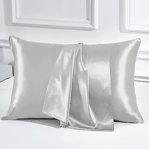 Image of Luxury Silk Satin Pillow Cover Standard Size 18 x 28 - Romantic Pillow Cover Set for Bedroom | Bridal Wedding Soft Luxury Bedding | Silver Gray, Pillow Covers (18 x 28)