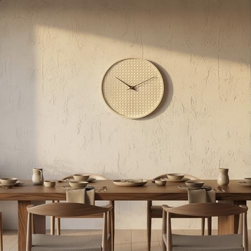 Image of The Artment your artistic apartment Beige CaneHalo Clock Natural Cane Weave Wall Clock, Silent Quartz Movement, Wooden Frame Minimalist Round Clock for Living Room, Bedroom, Office Decor