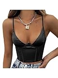 Avanova Women's Sexy V Neck Bustier Corset Crop Top Sleeveless Spaghetti Strap Satin Camisole Black Small