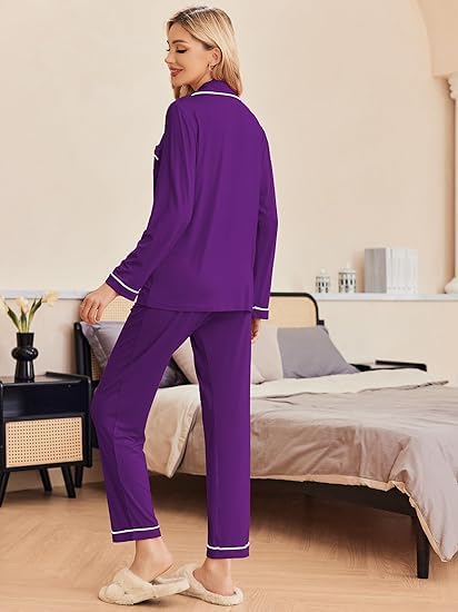 Image of Ekouaer Pajamas Women's Long Sleeve Sleepwear Soft Button Down Loungewear Pjs Lounge Set Nightwear XS-XXL
