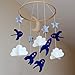 Baby Crib Mobile by Baby Sanda - Spaceships, Stars, Clouds and Moon - Navy Blue, Gray, White and Tan
